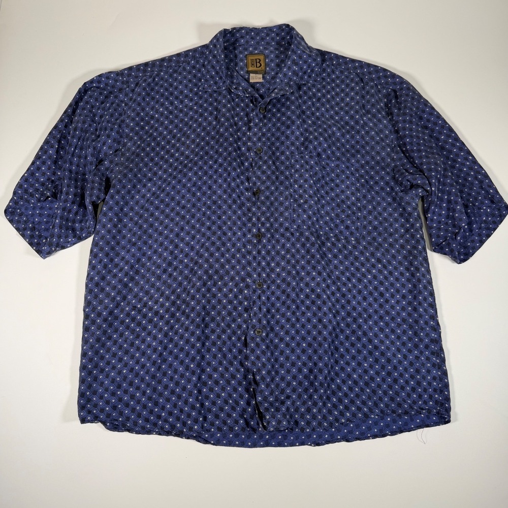 Bruno Silk Shirt Mens Large Blue Geometric Diamond Button Down Y2K Old Money
